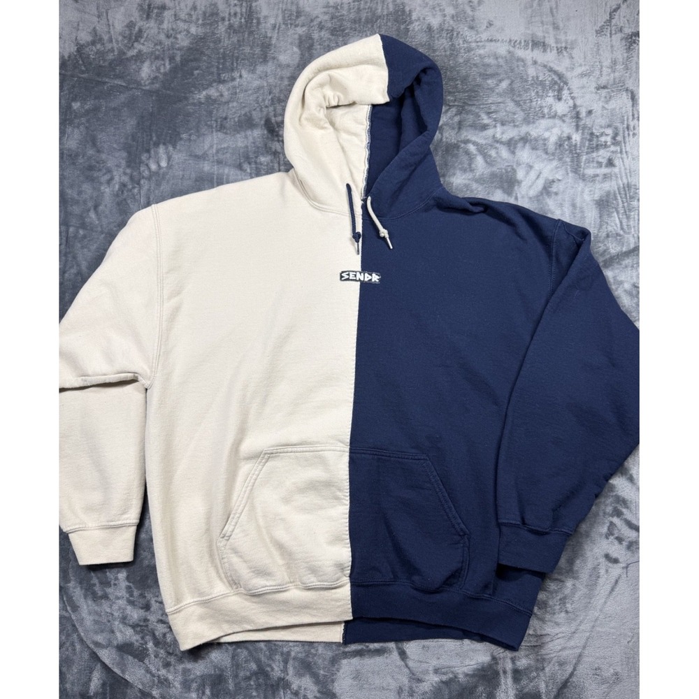 SENDR Hoodie Mens XL Navy Cream Split Colorblock Pullover Two Tone Streetwear